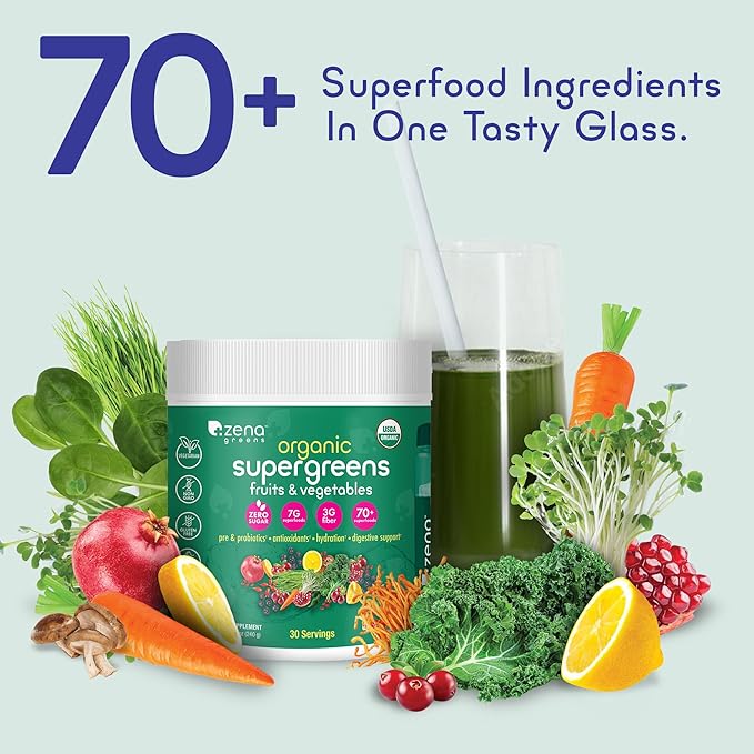 Zena Greens Organic SuperGreens Powder 30 Day 70+ Superfood 3G Fiber 0 Sugar