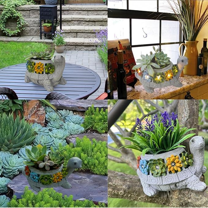 GUCHO Solar Garden Outdoor Statues Turtle with 5 Led Lights (Not Include Real Succulent),Lawn Decor Tortoise Statue for Patio, Balcony,Yard,Garden Decorations,Unique Gifts for Women Men
