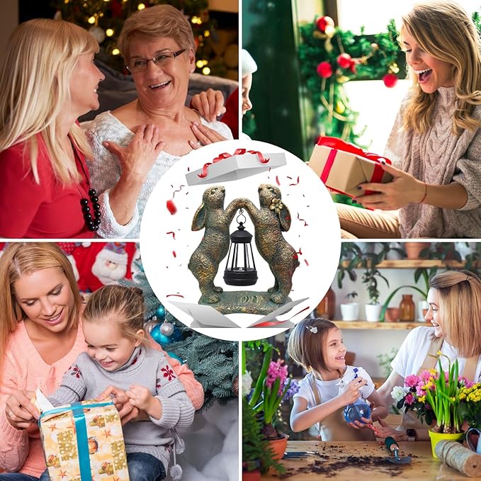 Garden Statues Rabbit with Solar Lantern, Outdoor Bunny Figurines Decorations for Patio Yard Lawn Ornaments, Gifts for Mom/Grandma Birthday Easter Housewarming