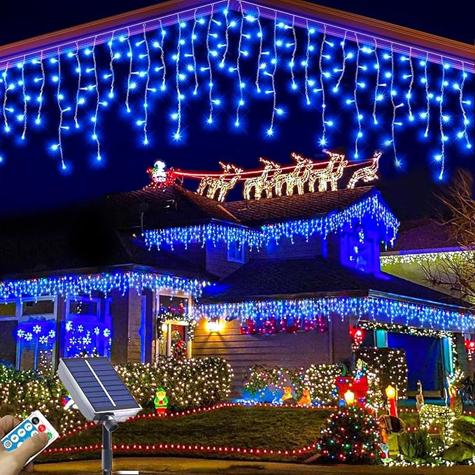 Upgraded Solar Christmas Lights,304 Blue LED Outdoor Christmas Decorations 8 Modes Waterproof Solar Powered String Lights for Patio Yard Garden Wedding Party House Xmas Tree Roof Decorations(Blue)