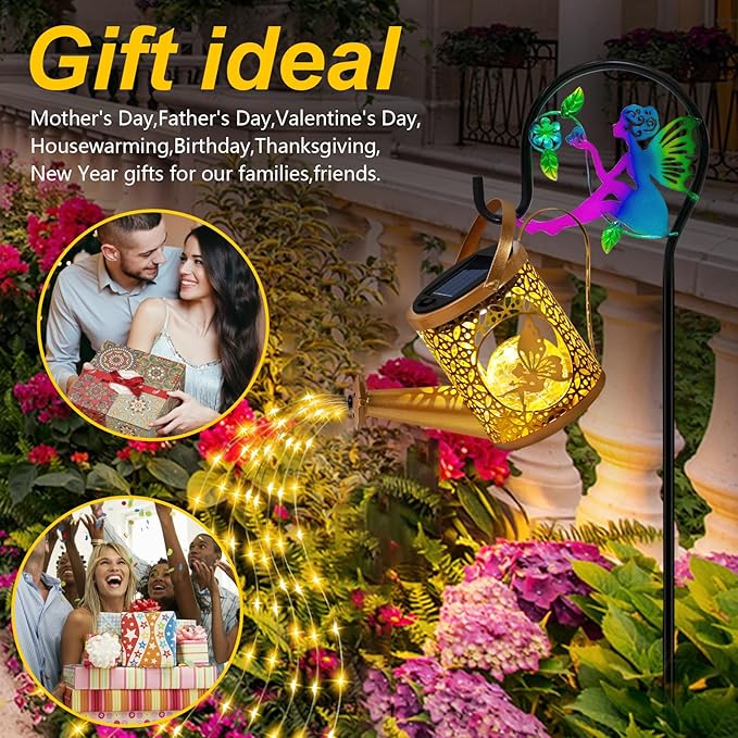 Solar Lights Garden Decorative, Solar Watering Can with Cascading Lights, Waterproof Metal Lantern with Fairy Shepherd Hook, Outdoor Decor for Yard, Patio, Lawn, and Pathway