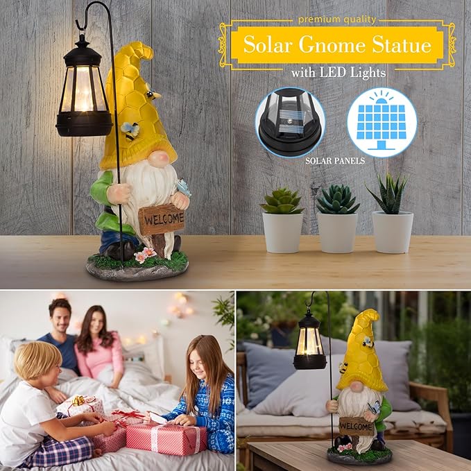 12.6'' Solar Large Garden Gnomes Outdoor Statues with Lantern, Welcome Gnome Garden Outdoor Decor Gift Waterproof Decoration for Patio, Balcony, Yard Ornament - Unique Housewarming Gifts