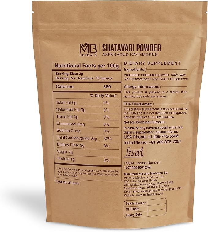 MB Herbals Pure Shatavari Powder 227 Gram 8 oz 100% Pure