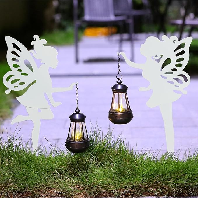 Solar-Garden-Lamp 2 Pack Metal Fairy Hanging Lanterns, Solar Outdoor Decorative Stake Ornaments for Lawn, Patio or Courtyard, White