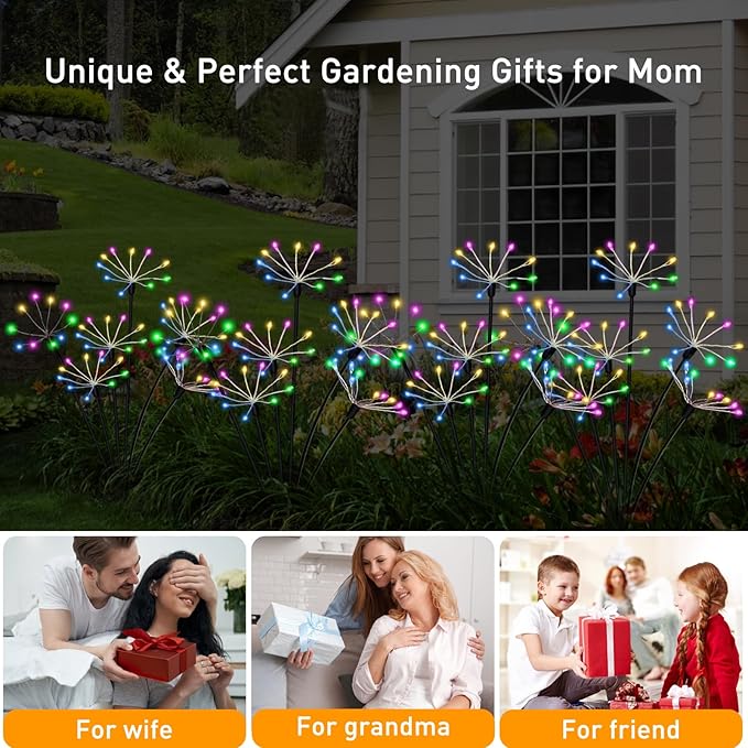 Solar Christmas Lights Outdoor Waterproof Decorative Solar Garden Lights 2 Pack 120LED Solar Firework Lights for Yard Bushes Lawn Flowerbed Xmas Decor,Christmas Gardening Gifts for Women, Multicolor