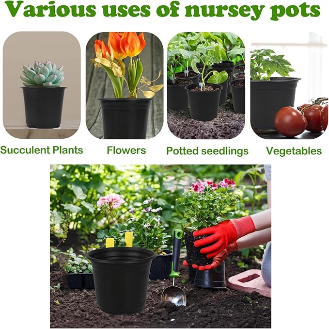 100 Packs Nursery Pots, 4 5 6 Inches Plastic Nursey Pots for Plants with Drainage Holes, Seed Starting Garden Pots of Flower Plant Container for Succulents, Transplanting (100, 5 Inch)