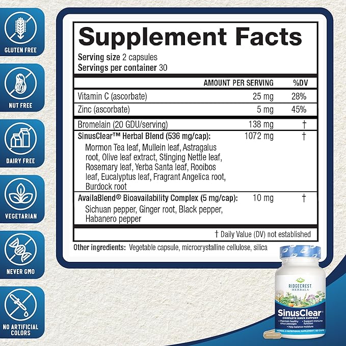 RidgeCrest Herbals SinusClear, Complete Formula (60 Veg 30 Serv)