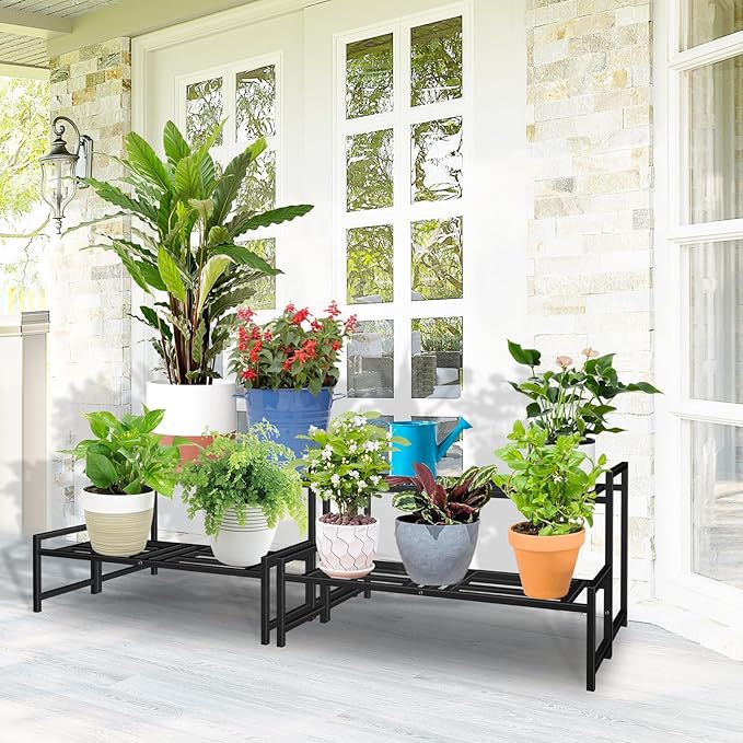 Plant Stand Indoor Outdoor, 2-Tier Wrought Iron Plant Stands, Stackable Metal Plant Shelf Decorative Outdoor Flower Stand Heavy Duty Pedestal Stands for Garden Deck Living Room, Black