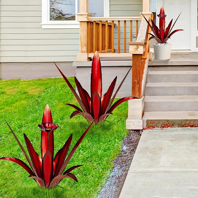 Upgraded Large Metal Yard Art, Metal Agave Plant Yard Decorations Outdoor Sculpture, Metal Flowers for Outside, Waterproof Outdoor Garden Decor (Red + Bird Feeder)