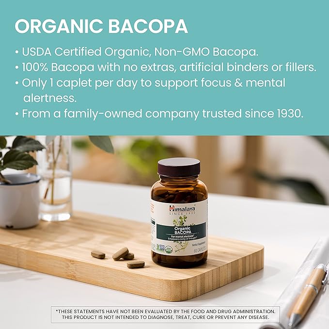 Himalaya Organic Bacopa Monnieri Nootropic Herbal 750 mg, 60 Plant-Based 2 Pack, 120 Day