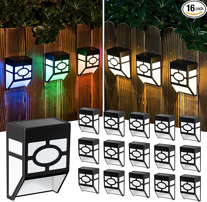 SOLPEX 16 Pack Solar Deck Lights Outdoor, Solar Fence Lights,2 Modes Christmas Garden Decoration Lights,RBG/Warm White LED Decorative Lighting for Garden,Yard,Post,Path&Driveway