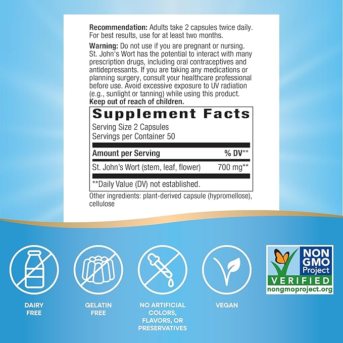 Nature's Way St. John’s Wort Herb, 700 mg 2-Capsule Serving, 100 Capsules
