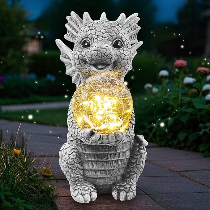 Solar Garden Outdoor Statues 7.2" Resin Dragon Statues Holding Magic Ball with Solar Lights,Lawn Decor for Patio, Balcony, Yard Ornament,Unique Gifts for Mom Grandma Housewarming
