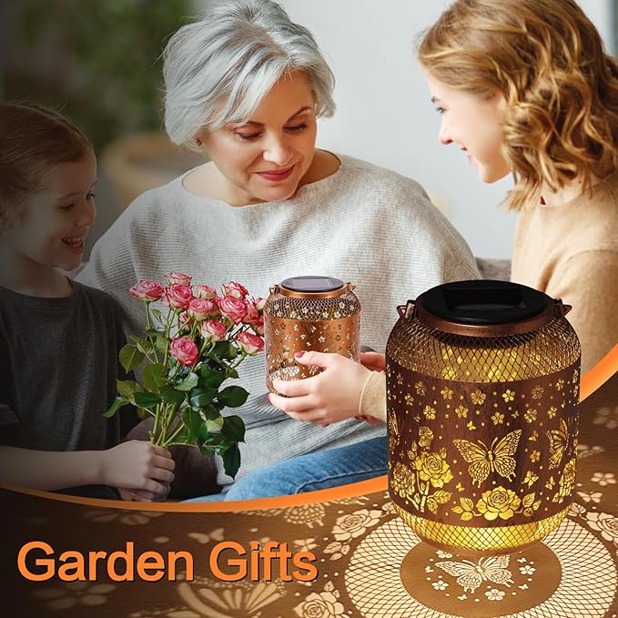 2 Pack Butterfly Solar Lanterns Outdoor Waterproof Rose Garden Decor Gifts for Women Mom Grandma Hanging Solar Lights Metal Lantern Decoration Outside for Yard, Patio, Backyard, Porch