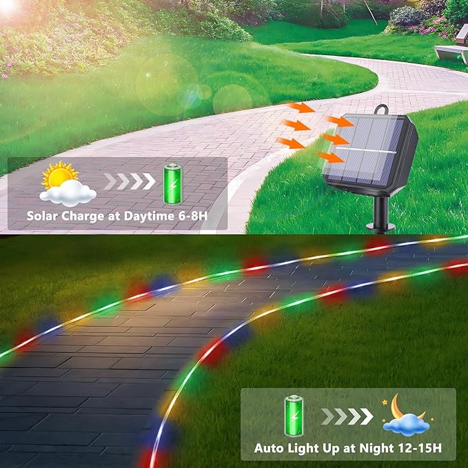 Solar Rope Lights, 66ft 200LED Solar String Lights, 8 Modes Waterproof Solar Powered Outdoor Light, Flexible Clear Tube Light for Garden, Backyard, Patio, Deck, Porch, Pool, Tree Decor - Multicolor