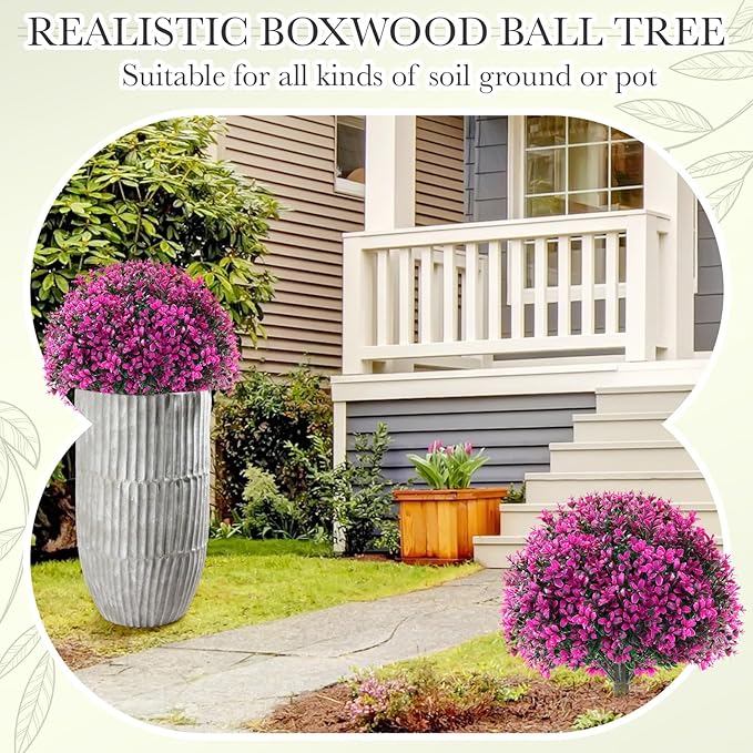 Yunlly 2 Pack 18" Artificial Boxwood Ball Bush Topiary Trees Fake Outdoor Plants, Realistic UV Resistance Faux Shrubs with Spike Greenery Topiary for Front Porch Garden Yard Patio Indoor (Fuchsia)