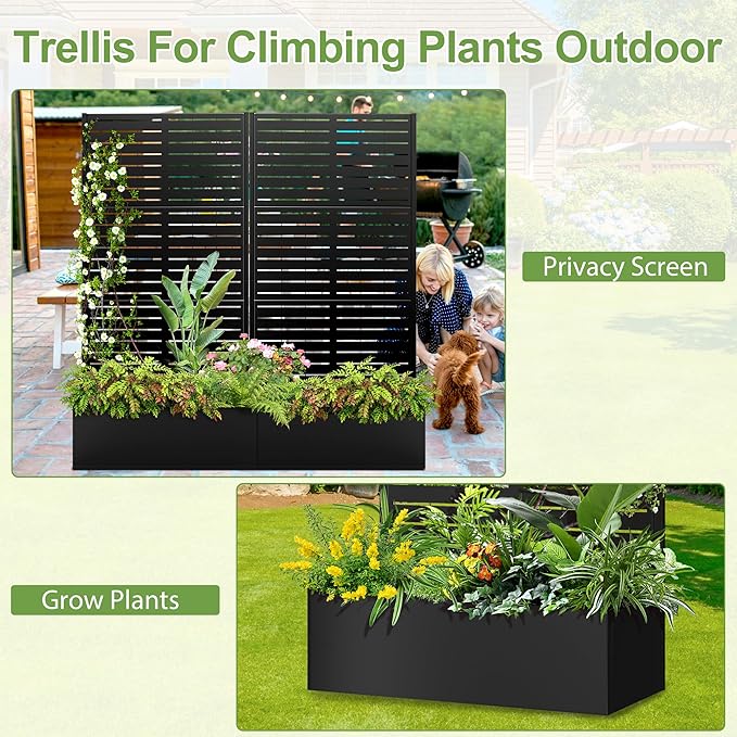 Trellis for Climbing Plants Outdoor,Mental Garden Bed with Drainage Holes Outdoor Privacy Screen Design Tall planters for herb Flower Vegetables 73"x35"x16", Black-Louvered