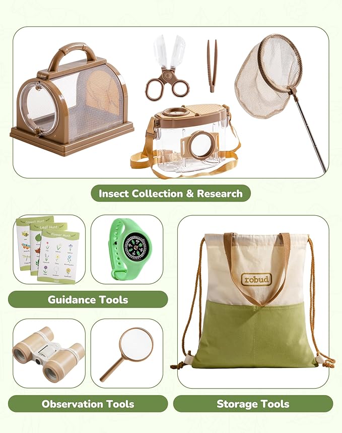 ROBUD Upgraded Kids Explorer Kit, Bug Catcher Kit with Wild Adventure Binoculars, Green Outdoor Exploration Set for Camping, Montessroi Toy for Kids Coming Closer to Nature,WRP30
