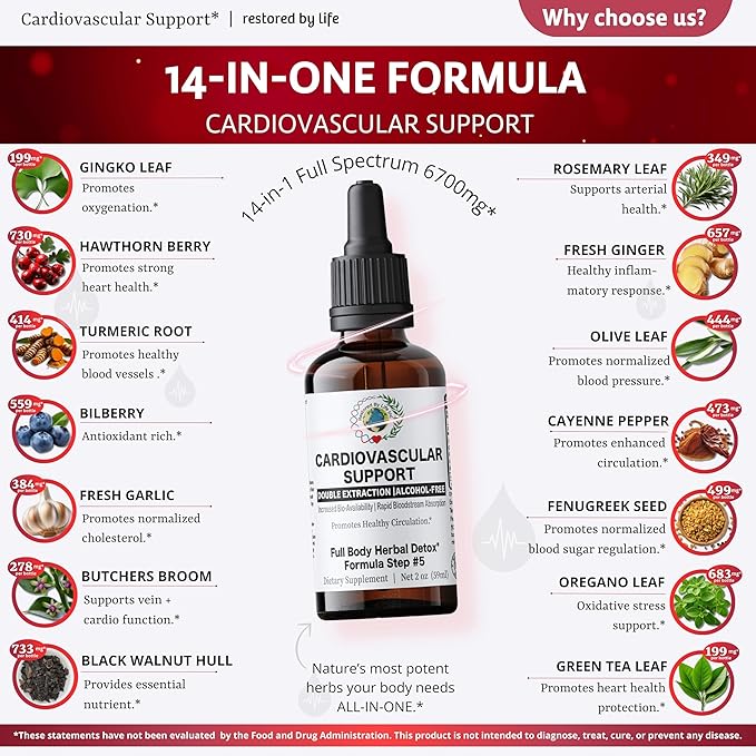 Cardiovascular Support Heart Health Supplement Vein Circulation Herbal Glycerite Alchohol Free Extract