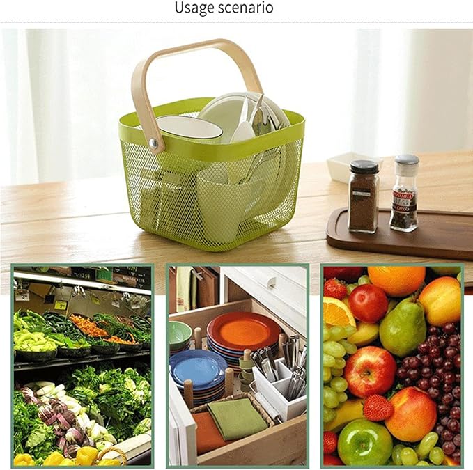 Metal Mesh Steel Basket, Storage Organizer Basket Multi-functional Hanging Kitchen Baskets Fruit Basket with Wooden Handle for Kitchen Bathroom Picnic Shopping Decor Cabinet Home, Macaron Green