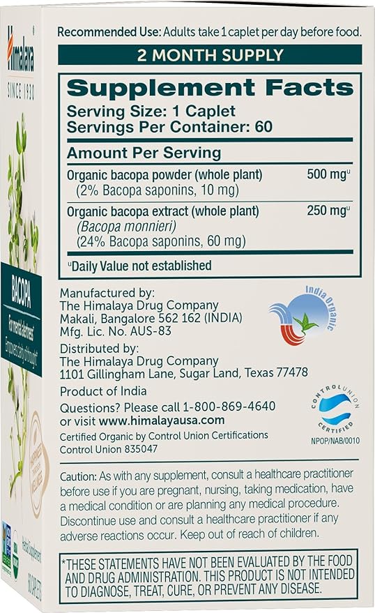 Himalaya Organic Bacopa Monnieri Nootropic Herbal 750 mg, 60 Plant-Based 2 Pack, 120 Day