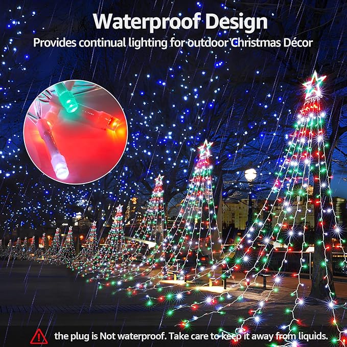 BlcTec Outdoor Christmas Lights 344 LED Christmas Star Lights with 9 Strands 11.9ft Waterfall Tree Lights, 8 Modes, Waterproof & Timer for Garden Yard Patio Outdoor Xmas Decorations,Red Green White