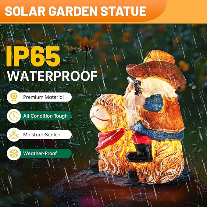 Garden Gnome Statue on Highland Cow with Solar Lights – Funny Outdoor Resin Decor for Patio, Lawn, Yard – Unique Gift for Women, Grandma, Mother's Day, Birthday, Housewarming