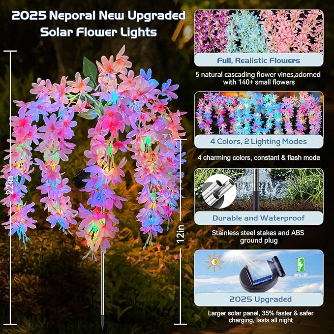 Neporal Solar Flowers Outdoor Waterproof IP65, 5 Lilac Flower Vines with 140+ Flowers, 2 Lightning Modes &Enlarged Solar Panel, 3PK Blue/Pink/Purple Solar Garden Lights Outdoor for Garden, Yard Decor