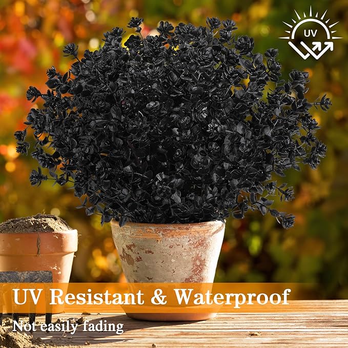 12 Bundles Black Artificial Flowers for Outdoor,No Fade Fake Plastic Flowers Faux Plants for Halloween Decor,Hanging Planters Decoration Indoor Outside Garden Porch Window Box Home Party