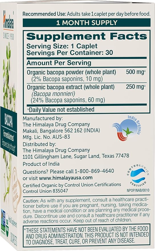 Himalaya Organic Bacopa Monnieri Nootropic Herbal 750 mg, 30 Plant-Based 30 Day