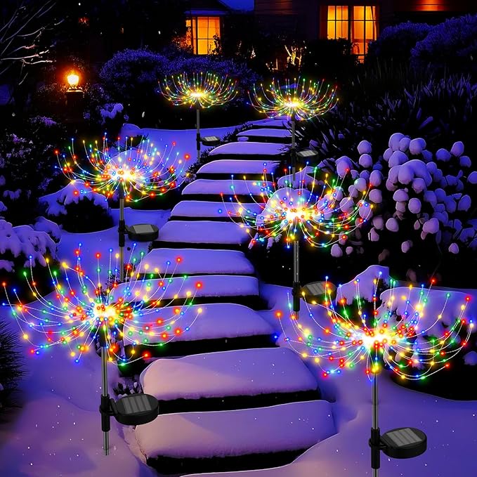 Colorful Solar Garden Lights Outdoor Waterproof Firework Light Solar Powered 200 LED Sparkles Landscape Fairy Light Outside Decorations for Yard Patio Pathway Lawn Party Decor, 6 Pack