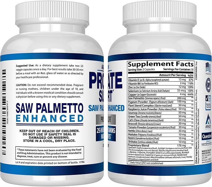 Arazo Nutrition Prostate Supplement - Saw Palmetto + 25 Herbs - Reduce Frequent Urination, Reduce Hair Loss, Support Stamina – Single Homeopathic Herbal Extract Health Supplements - Capsule or Pill
