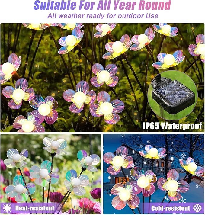 Solar Garden Lights Outdoor, NBQQ New Upgraded 4-Pack Firefly Solar Lights with Iridescent Petals & Warm White Glow - Waterproof Wind-Swaying Decor for Yard, Patio