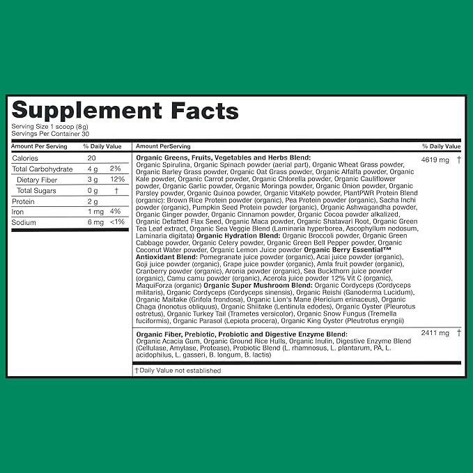 Zena Greens Organic SuperGreens Powder 30 Day 70+ Superfood 3G Fiber 0 Sugar