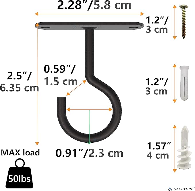 NACETURE Plant Ceiling Hooks Hanging Basket 4 Pack - Hanging Plant Hooks Indoor Wall Hanger for Decorative Home, Kitchen, Wreath Hangers for Fall Porch Decor (2.5" Black 4 Pack)