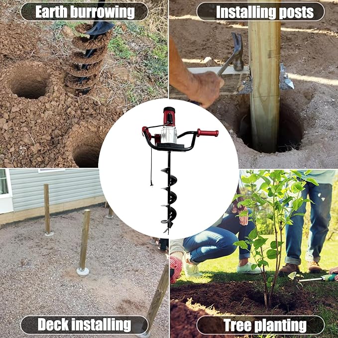 JACKCHEN 1500W Electric Post-Hole Digger with 6-Inch Auger Bit, Earth Auger Drill, Auger Bit Earth Auger, Ideal for Post Hole Digging, Drilling, Tree Planting, Red