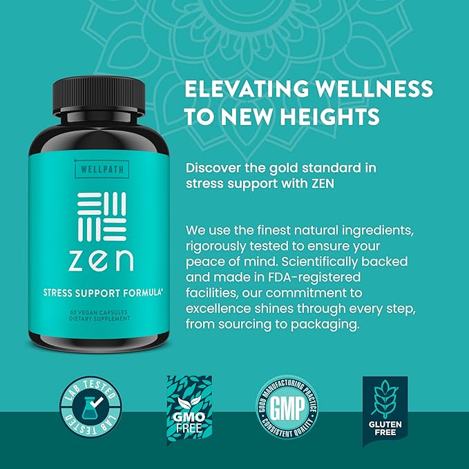 WellPath Zen Stress Relief Supplement + Mood Support (180 ct)- Calm, Stress & Energy Support | Ashwagandha Root, Rhodiola Rosea, L-Theanine, Lemon Balm | Herbal Capsules,