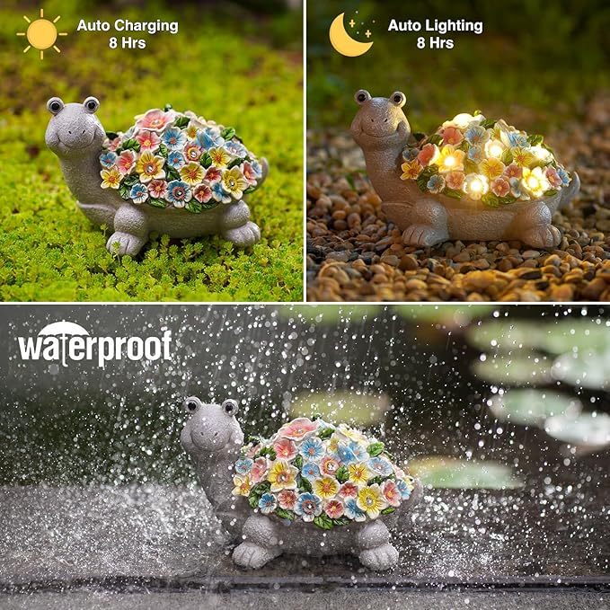 Garden Turtle Statue with Succulent Flowers & Solar LED Lights - Perfect Outdoor & Home Decor Gifts, Turtle Gifts for Women, Mom, Birthdays (Turtle)
