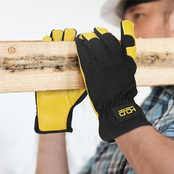 HANDLANDY Men Leather Gardening Gloves, Utility Work Gloves for Mechanics, Construction, Driver, Dexterity Breathable Design