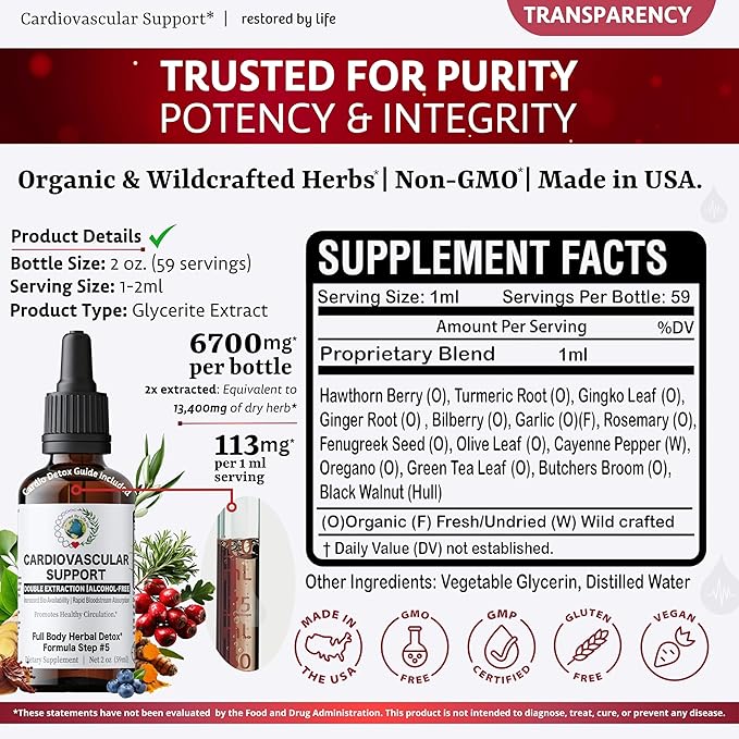 Cardiovascular Support Heart Health Supplement Vein Circulation Herbal Glycerite Alchohol Free Extract