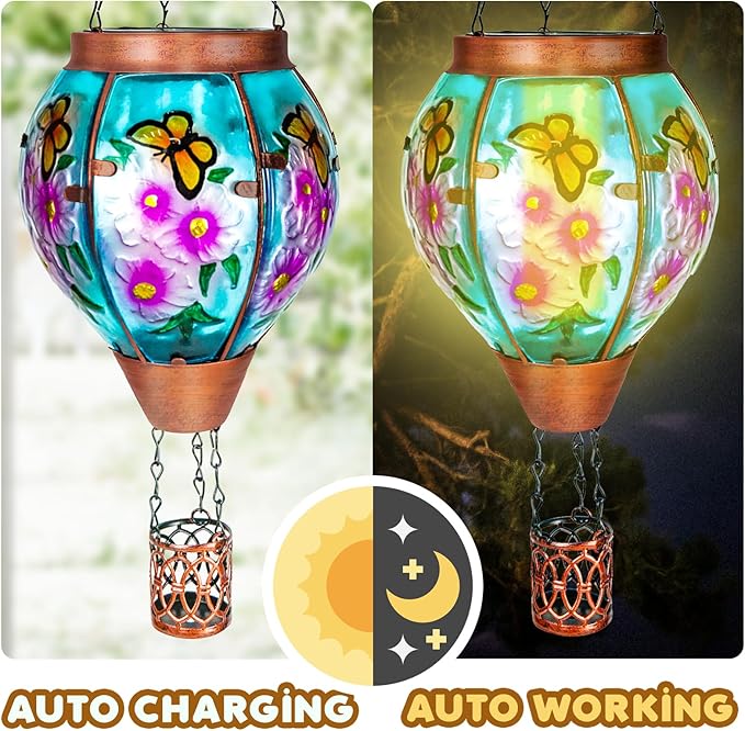 2 Pack Solar Hot Air Balloon Lantern with Flame, Butterfly Glass Outdoor Solar Lanterns for Outside Hanging Farmhouse Patio Pathway Decor, Butterfly Gifts for Women Grandma Mom - Butterfly
