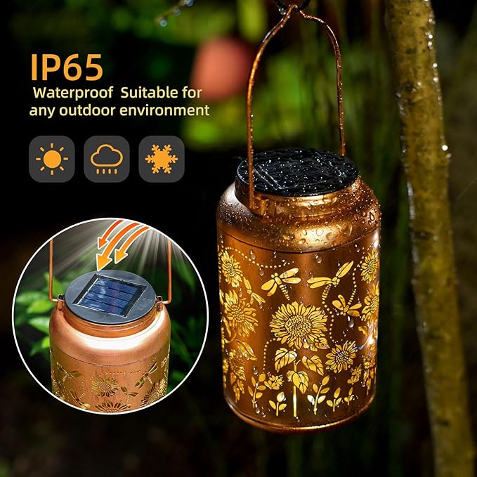 Solar Lanterns Dragonfly Lights Outdoor Decor Hanging Lantern Waterproof Metal LED Sunflower Light Decorative Garden,Yard,Patio,Lawn,Christmas Gifts for Women Mon Grandma