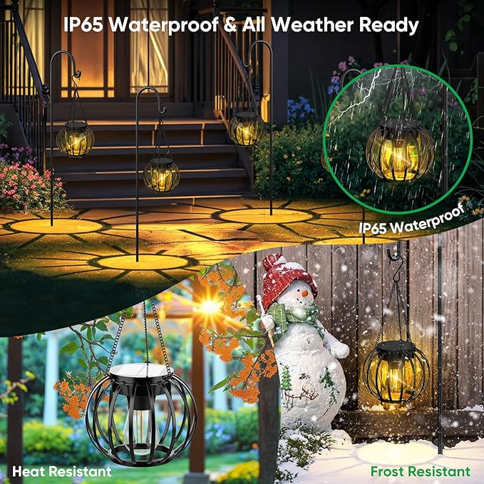 Solar Lanterns Lights Outdoor Waterproof: 4 Pack Metal Hanging Solar Lights for Outside - Decorative Solar Lights Outdoor Garden Decor - Solar-Powered LED Warm Lighting for Patio Yard Pathway Decor