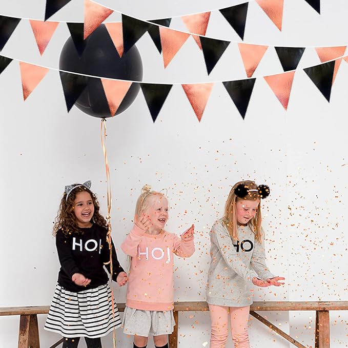 Black Rose Gold Party Decorations Triangle Pennant Banner Flag Rose Gold Black Metallic Fabric Bunting Garland for Graduation Birthday Wedding Engagement Bachelorette Celebration Hen Party Supplies