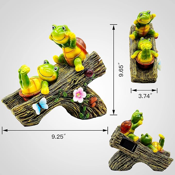 Garden Turtle Figurines Outdoor Decorations, Solar Statue Sweet Frog Face Turtles Decor with 4 LED Lights, Unique Garden Art Resin Statue Gifts for Patio Lawn Porch Yard