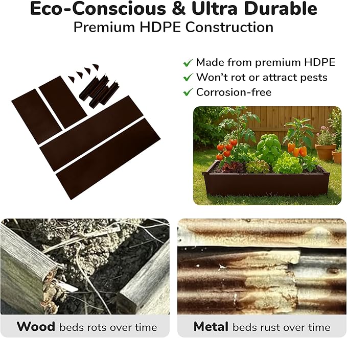 Raised Garden Bed - 2x4 ft Planter Box - Brown HDPE - No Tools Needed - DIY Kit for Urban Gardening, Flowers, Herbs & Vegetables - Made in The USA