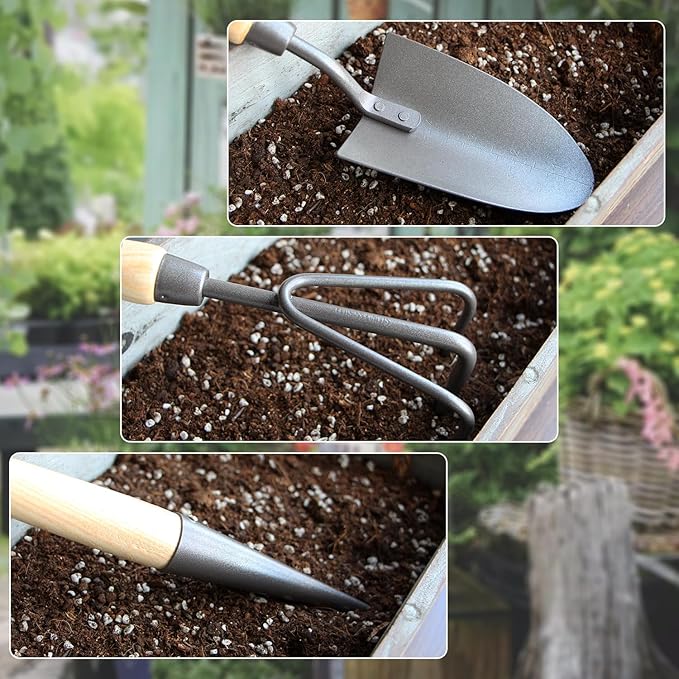 Japanese Gardening Tools Set, 3 Pcs Garden Tools Set, Nickel Plated Stainless Steel Heavy Duty Gardening Tools Kit, Hand Trowel, Dibble and Hand Rake