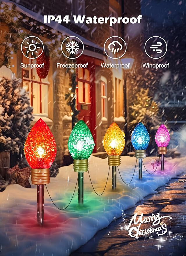 2 Pack Jumbo Lights C9 Christmas Pathway Lights Outdoor - 10.5 Feet 5 Lights Strawberry C9 Walkway Lights, C7 Lights Covered Jumbo Multicolor Light Bulb Outdoor Decorations for Lawn Garden Outside