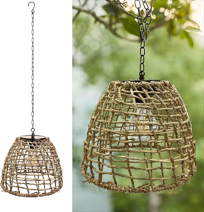 Outdoor Solar Hanging Lantern, Natural Seeweed Rattan Bamboo Woven Porch Patio Gazebo Pendent Chandelier Light Decorative Solar Powered Hanging Lamp for Front Door Garden