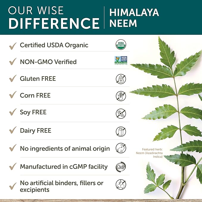 Himalaya Organic Neem Herbal Skin Supplement, 600 mg, 60 Plant-Based 60 Day